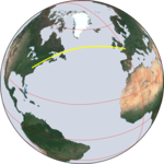 The Earth, with a 6200 km line (Paris to Washington DC) © S. Merkel, Univ. Lille, France